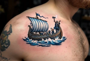 A detailed Viking longship sailing through a storm, with Thor standing at the bow, holding his hammer high as lightning strikes, in full-color realism with dark blues, greys, and silver. tattoo idea