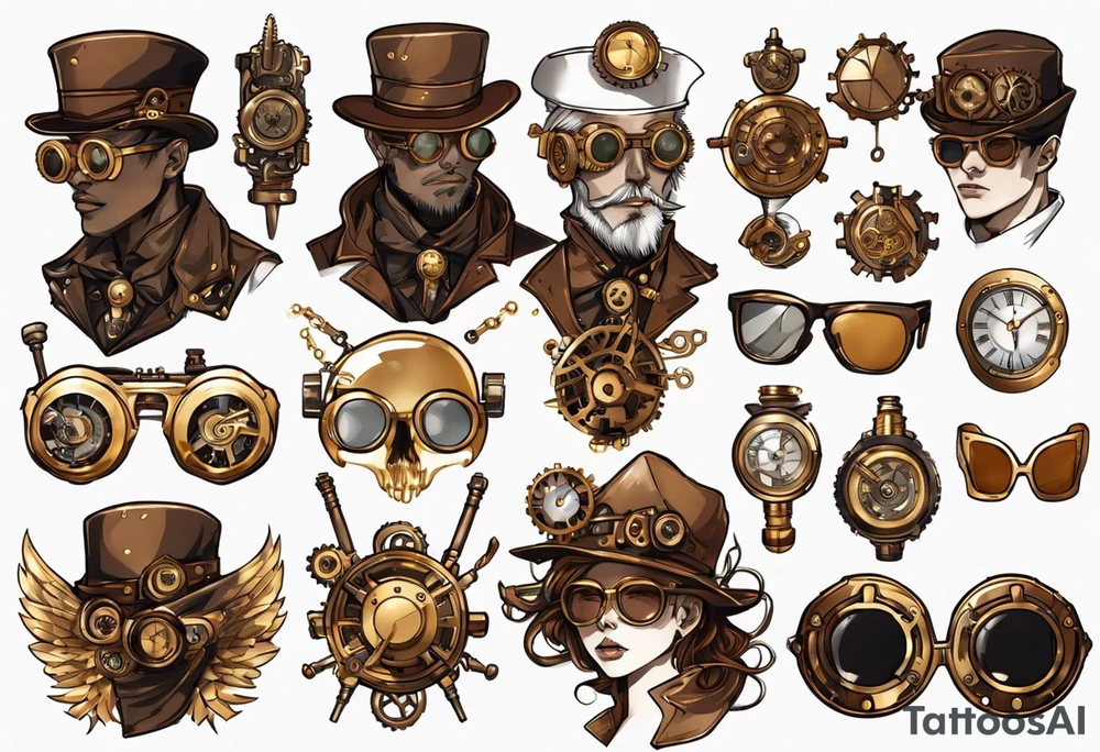 Steampunk
Anime
Gold
Brown
Sunglasses 
Mechanical devices
Leather
People tattoo idea