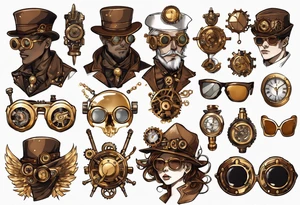 Steampunk
Anime
Gold
Brown
Sunglasses 
Mechanical devices
Leather
People tattoo idea