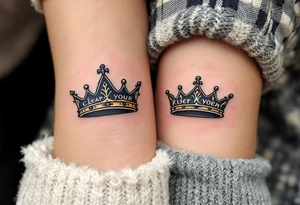 Minimalist black king and queen crowns with gold and silver accents on the outer hands celebrate your royal bond. tattoo idea