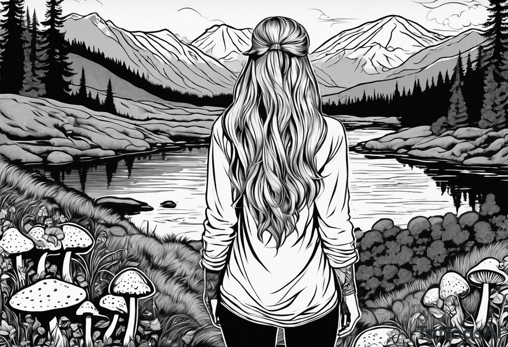 Whole picture encircled fully

Straight long blonde hair hippie girl in distance holding mushrooms in hand facing away toward mountains and creek surrounded by mushrooms long sleeve shirt and hiking pants; whole rendering within a full celtic circle, no cut off circle tattoo idea
