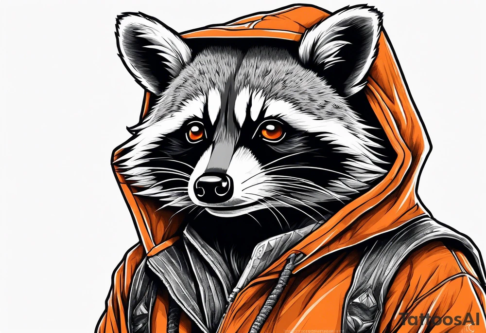 Raccoon wearing an orange Superman hoodie tattoo idea