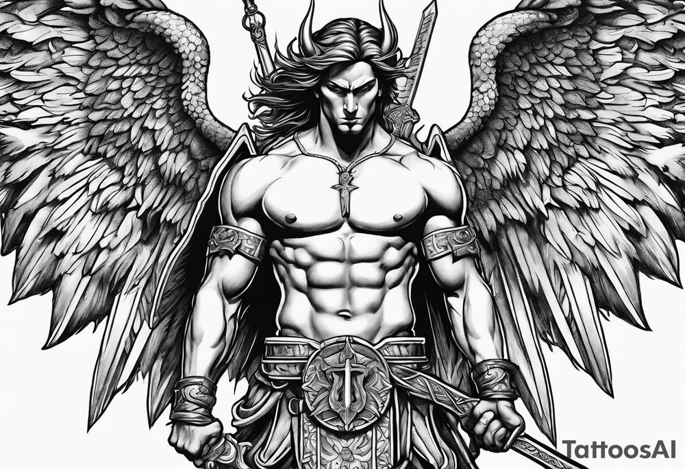 st michael stabbing devil in the back tattoo idea