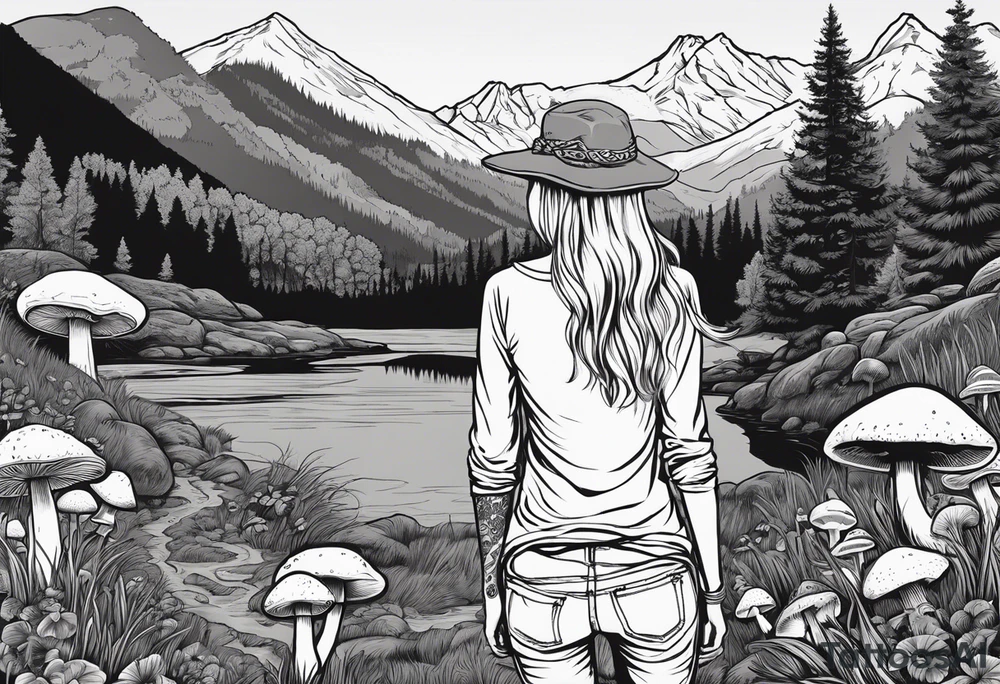 Whole picture encircled fully

Straight long blonde hair hippie girl in distance holding mushrooms in hand facing away toward mountains and creek surrounded by mushrooms long sleeve shirt and hiking pants; whole rendering within a full circle, no cut off circle tattoo idea