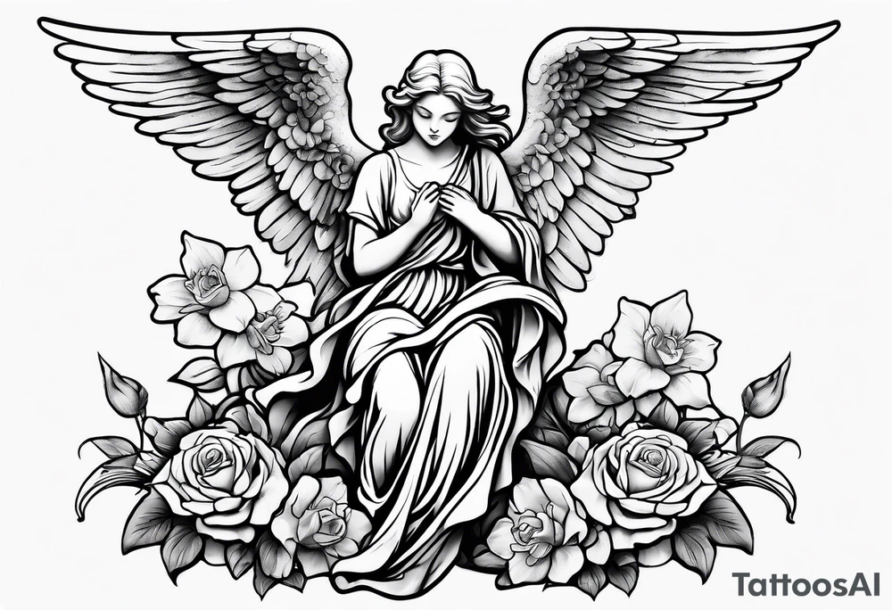 Simple Angel statue stood on a rock with daffodils and roses wrapped around its legs tattoo idea