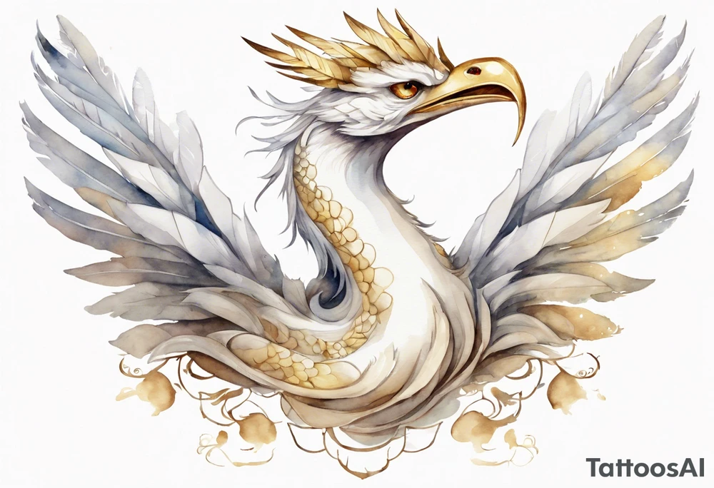 a watercolor of a white bird-serpent hybrid wearing a plain crown, with light gold wing feathers tattoo idea