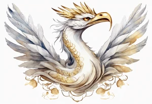 a watercolor of a white bird-serpent hybrid wearing a plain crown, with light gold wing feathers tattoo idea