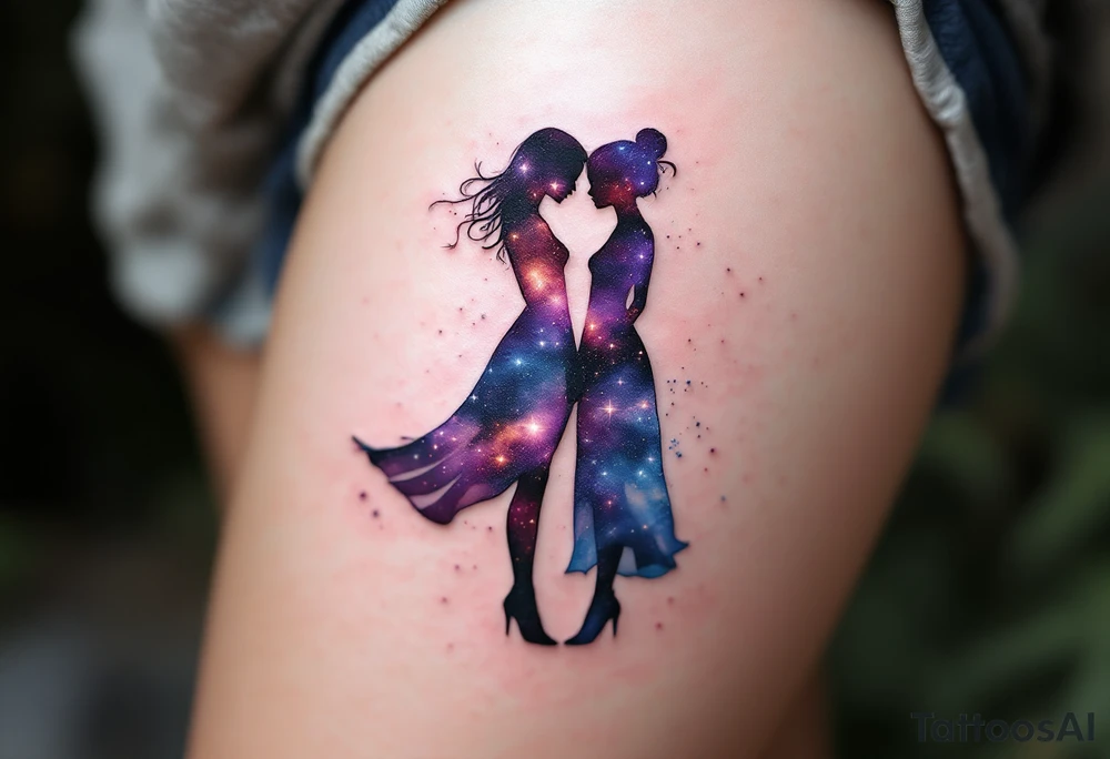A galaxy-filled silhouette of twin figures, blending purples, blues, and glowing stardust effects. tattoo idea
