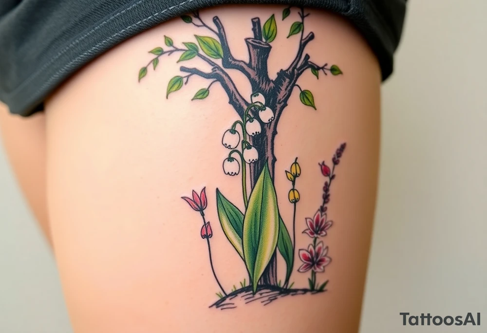 White lily in the valley bells  next to other different colored lilie plants planted underneath a blooming hawthorn tree tattoo idea