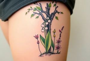 White lily in the valley bells  next to other different colored lilie plants planted underneath a blooming hawthorn tree tattoo idea