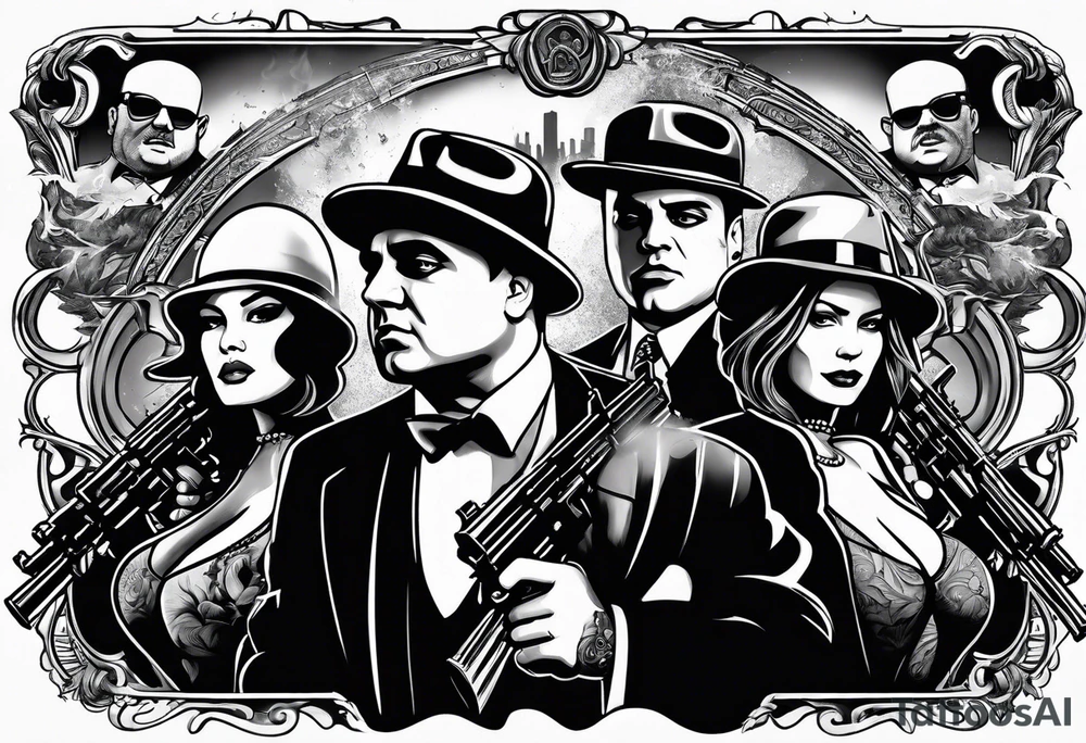 group of gangsters including Al Capone and bonnie and Clyde with machine guns surrounded by smoke and fire tattoo idea