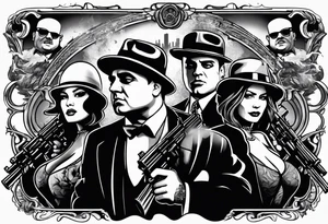 group of gangsters including Al Capone and bonnie and Clyde with machine guns surrounded by smoke and fire tattoo idea