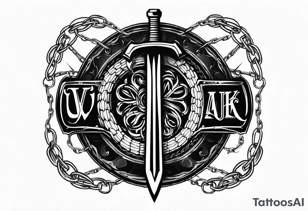 Valhalla sword round shield axe barbed wire chains dark cloud tattoo idea