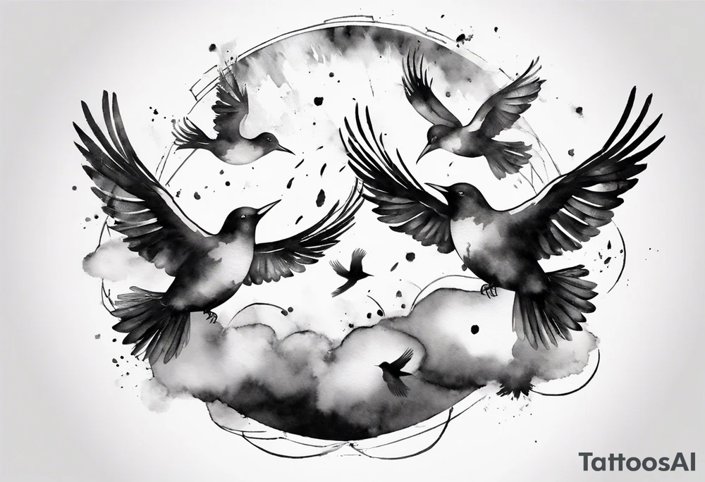 shoulder tattoo with light rays with birds flying free among the clouds, round shape, 3d effect tattoo idea