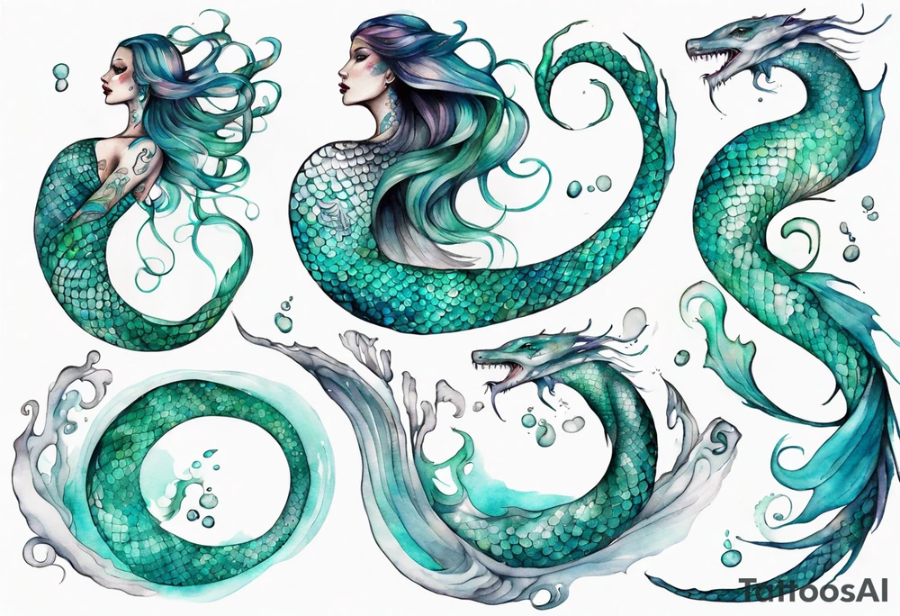 a mermaid serpent hybrid with turquoise scales by the ocean tattoo idea