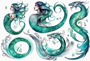 a mermaid serpent hybrid with turquoise scales by the ocean tattoo idea