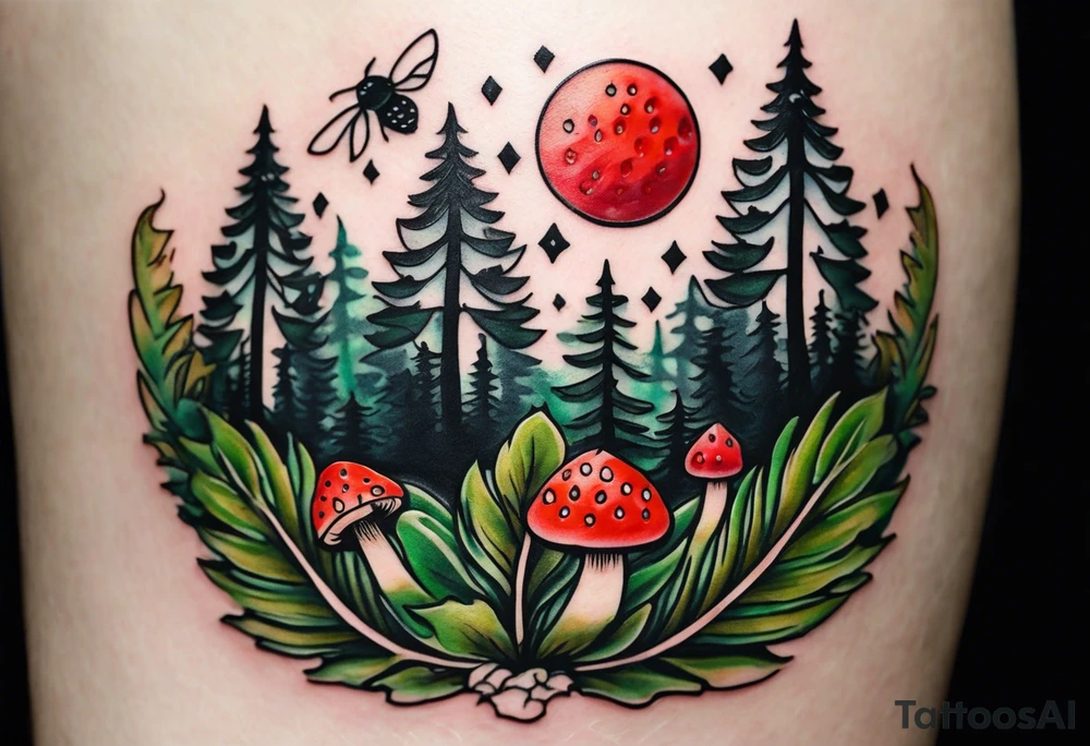 minimalistic forest floor inspired tattoo, which includes grass, curly ferns and dead leaves as the bulk of the tattoo. details to include: three  tiny strawberries, couple of very small mushrooms, a tiny bumblebee flying nearby tattoo idea