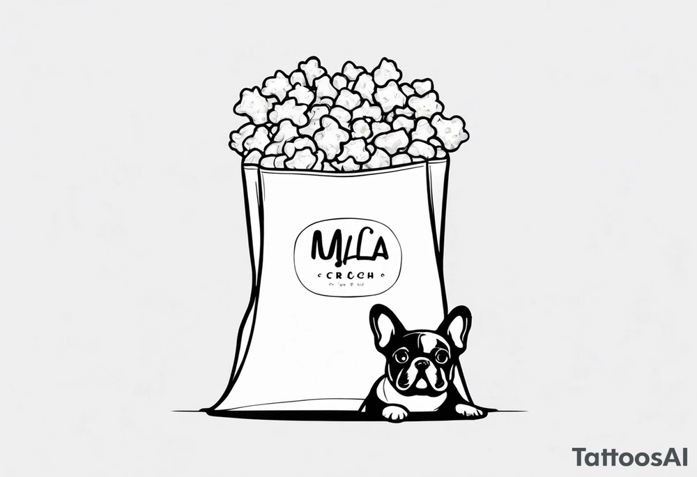 a pop corn bag with written on it Myla's crunch and the head of a french bulldog as a logo on the bag tattoo idea