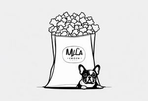 a pop corn bag with written on it Myla's crunch and the head of a french bulldog as a logo on the bag tattoo idea