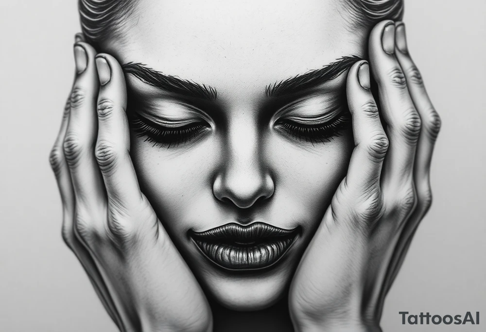 Black and grey realism tattoo design of a beautiful woman's face. Both her eyes  closed  (see no evil), her lips are stiched shit like sown with needle and thread like nightmare befire christmas (speak no evil). With her right hand covering her right ear and the left covering  Her left ear The style is black and grey realism, hyper-realistic, dark, and evil. Incorporate ninja gear elements and mechanical details (gears) subtly into the background or clothing for a gear ninja evil look. Design for a full forearm sleeve placement tattoo idea
