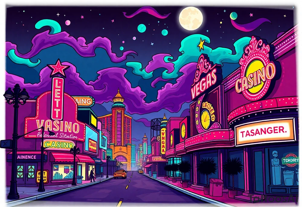Tim Burton’s vegas casino on the strip from outside view is the street is littered with neon signs  and dripping with muted reds, dusty pinks, and eerie green glow purple and cyan smokey clouds swim through the moonlit night air as the stars twinkle tattoo idea tattoo idea