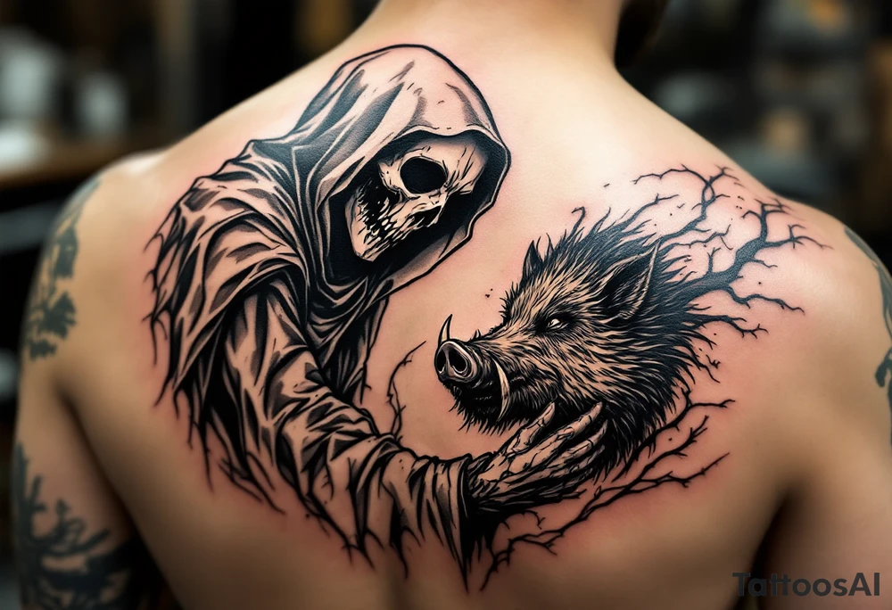 Grim reaper looking down on a hunting dog sending in a big feral boar saying ‘your time has come’ tattoo idea