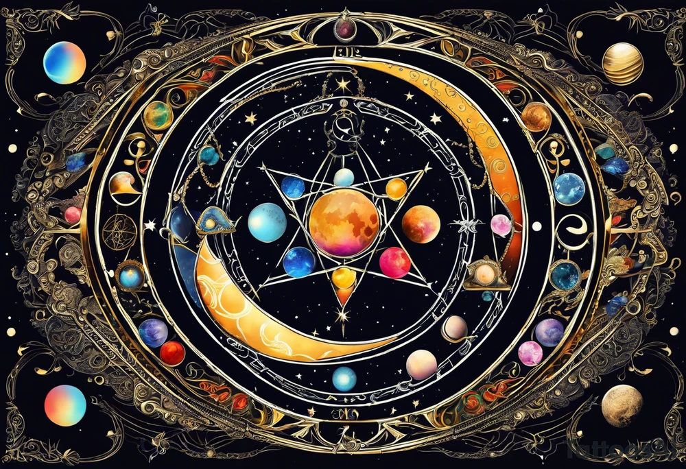 Astrology, Cancer, Natal Chart, symbolic, vision, yin yang, the moon, the sun, Uranus, Pluto, spiritual third eye, mystical armband tattoo idea