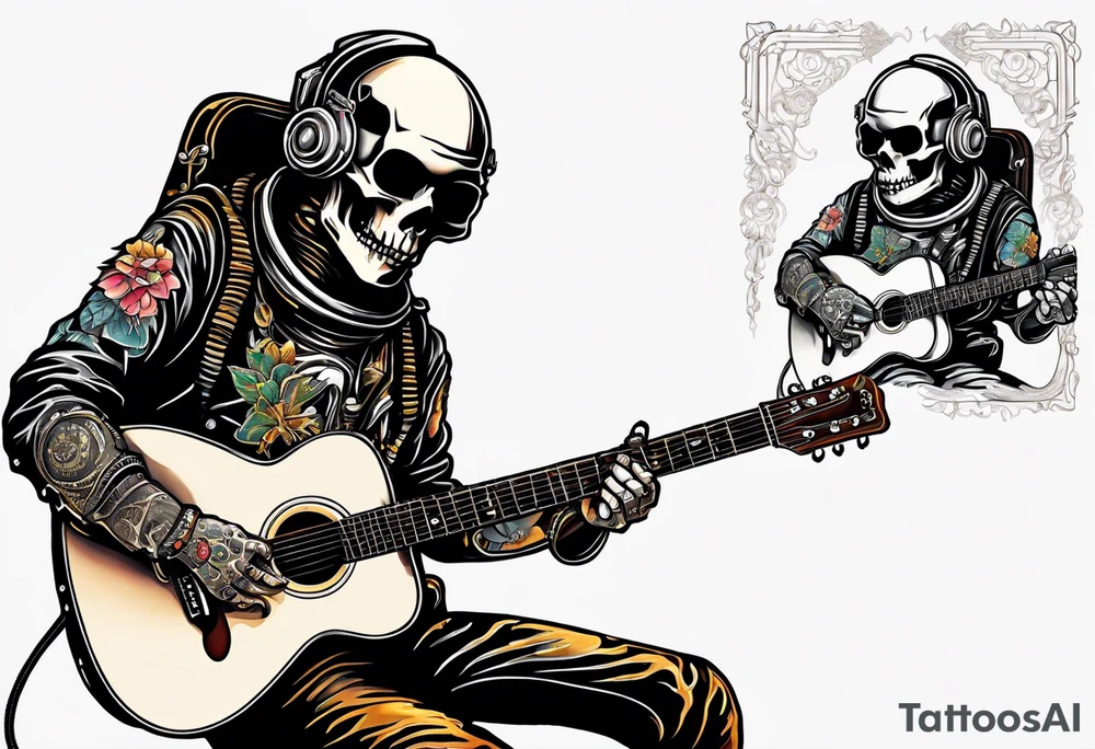 Skeleton astronaut playing acoustic guitar tattoo idea