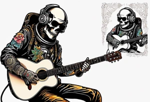 Skeleton astronaut playing acoustic guitar tattoo idea