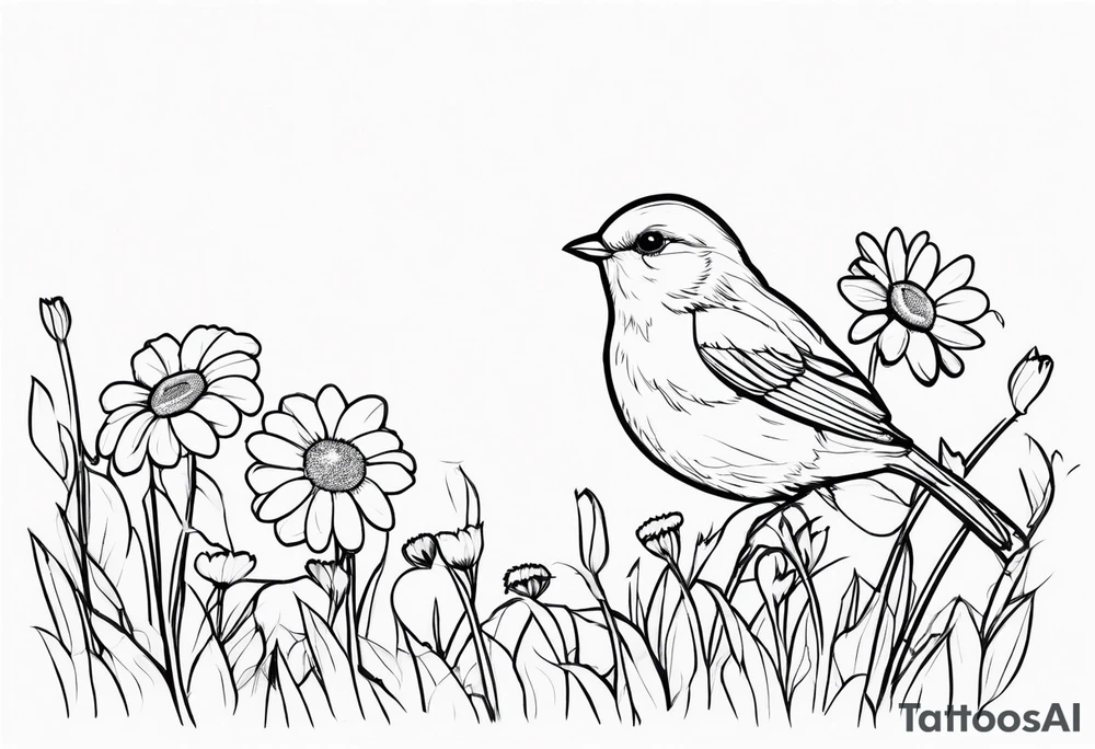 Little bird outline perched in a field of daisy tattoo idea