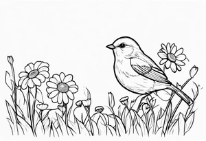 Little bird outline perched in a field of daisy tattoo idea