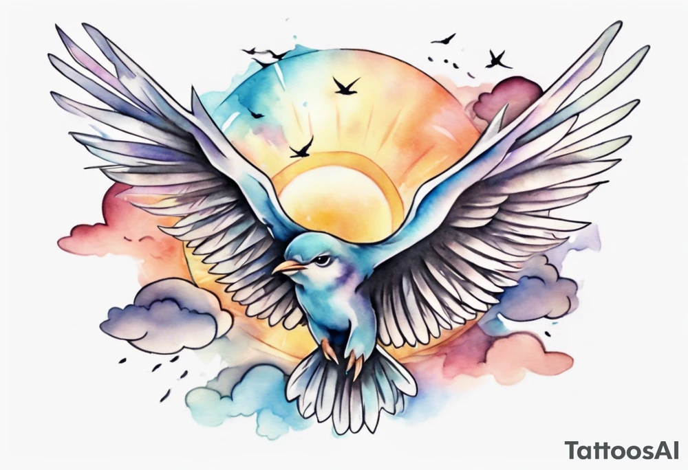 a shoulder tattoo with lots of rays of light in gradient starting from the middle
, clouds and birds flying free tattoo idea