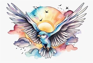 a shoulder tattoo with lots of rays of light in gradient starting from the middle
, clouds and birds flying free tattoo idea