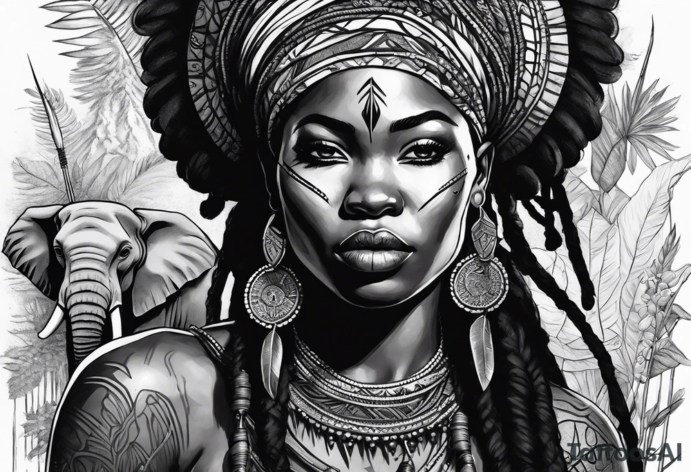 African woman warrior holding spear with deadlocks and earrings. Tribe marks on her face and tree Branch brids and Elephant in the background tattoo idea