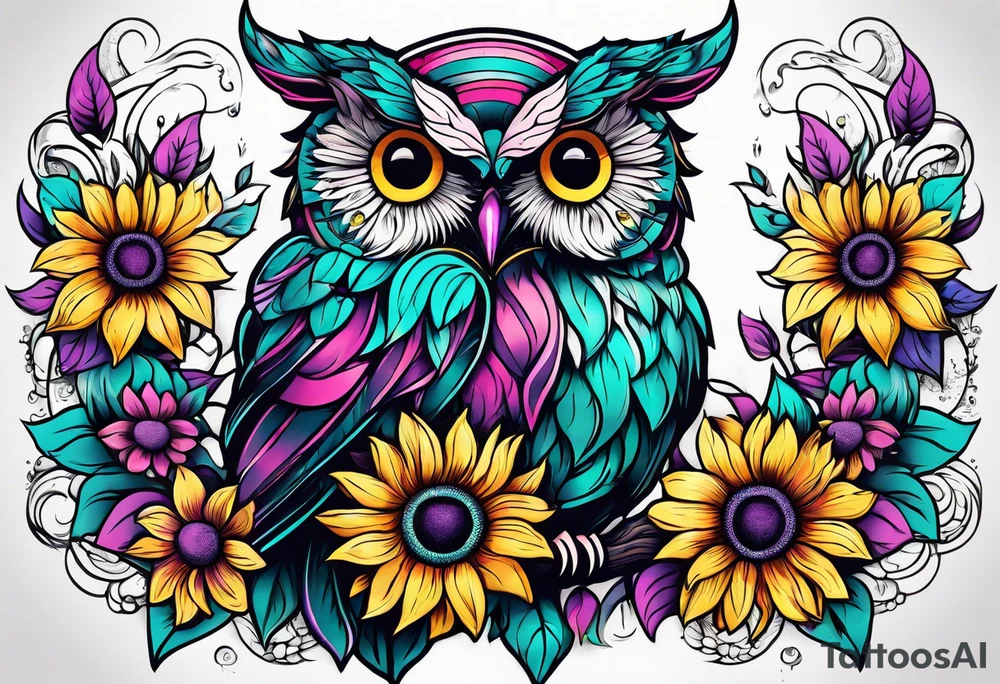 Sleeve with teal, pink and purple owl and yellow sunflowers tattoo idea