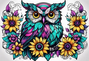 Sleeve with teal, pink and purple owl and yellow sunflowers tattoo idea