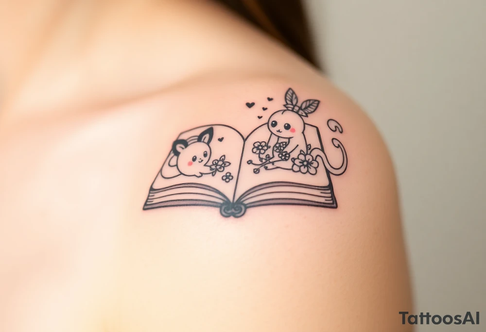 An open book with fantasy creatures tattoo idea