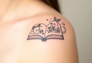 An open book with fantasy creatures tattoo idea