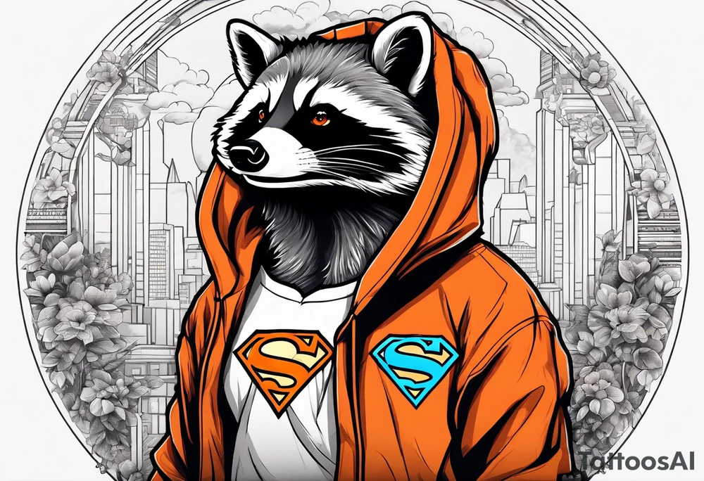 Raccoon wearing an orange Superman hoodie tattoo idea