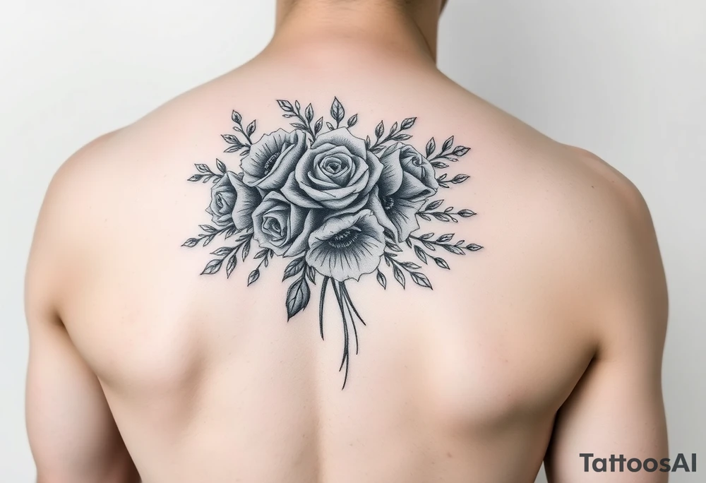 vintage bouquet of wild roses and meadow flowers with morning dew tattoo idea