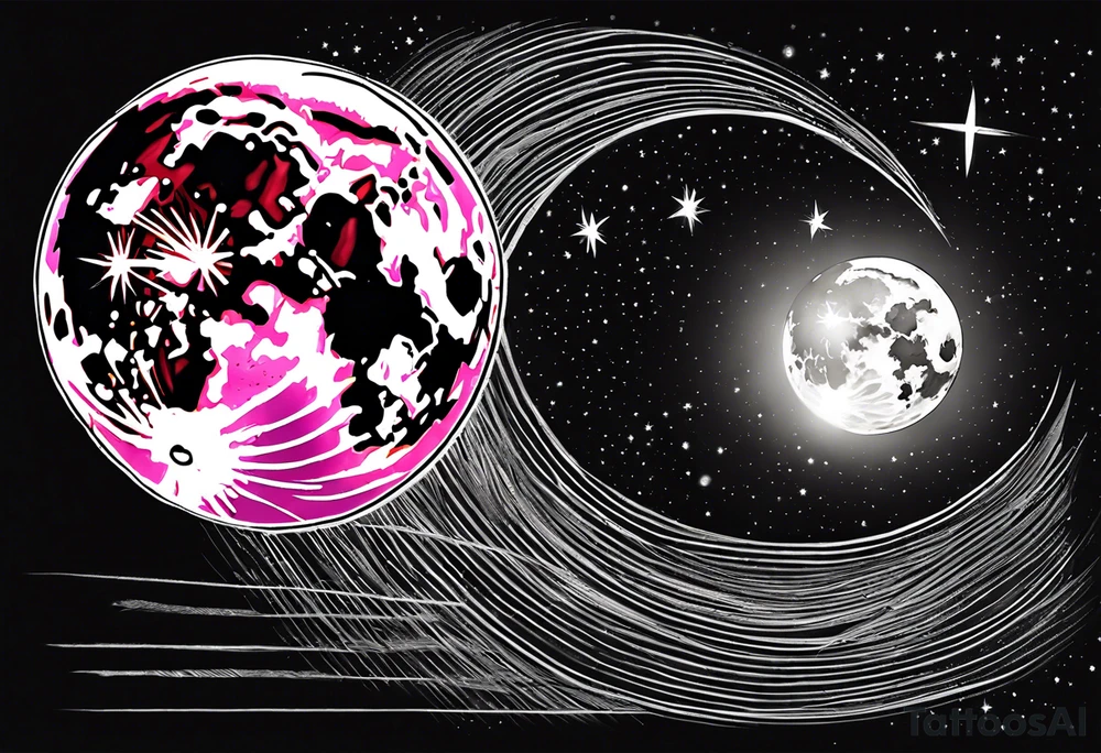 Full moon in black and white, 3 shooting stars going through moon. Two with blue lines in side the star and 1 with pink tattoo idea
