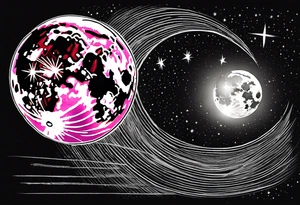 Full moon in black and white, 3 shooting stars going through moon. Two with blue lines in side the star and 1 with pink tattoo idea