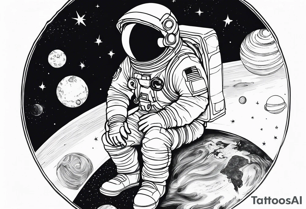 an astronaut hunched over in space from the back holding a planet in his hands tattoo idea