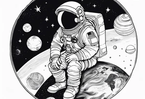 an astronaut hunched over in space from the back holding a planet in his hands tattoo idea