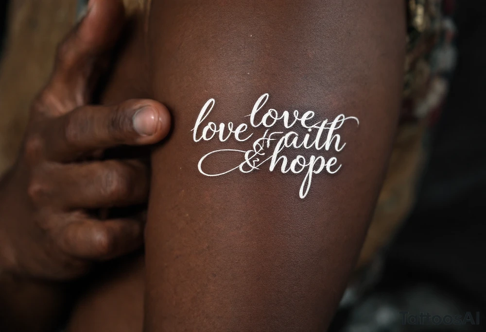 Tattoo in white ink on dark skin, featuring delicate serif lettering and a silver-lined halo above the word "love faith hope. tattoo idea