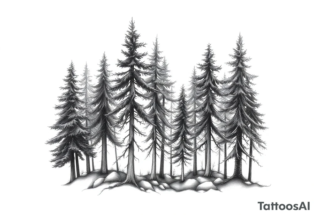 Needle forest with black and gray trees tattoo idea