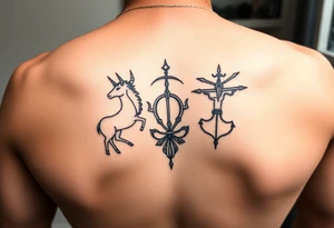 Simple line art tattoo that incorporates the zodiac signs Capricorn, Gemini, and Sagittarius— no shading— beginner friendly tattoo idea