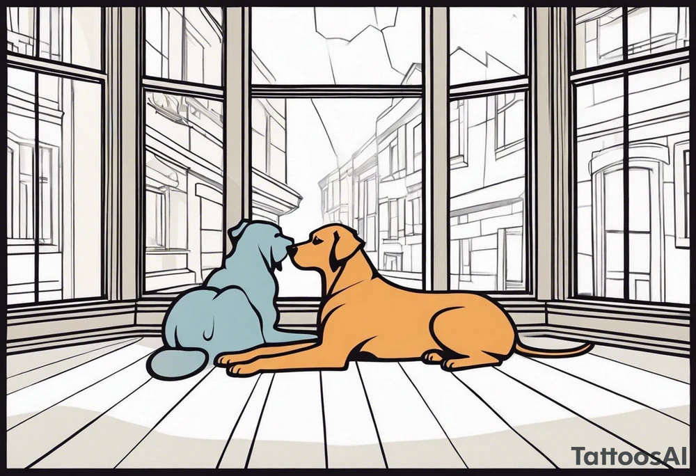 dog and cat sitting on floor and looking out tall octagonal window together tattoo idea