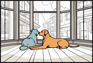 dog and cat sitting on floor and looking out tall octagonal window together tattoo idea