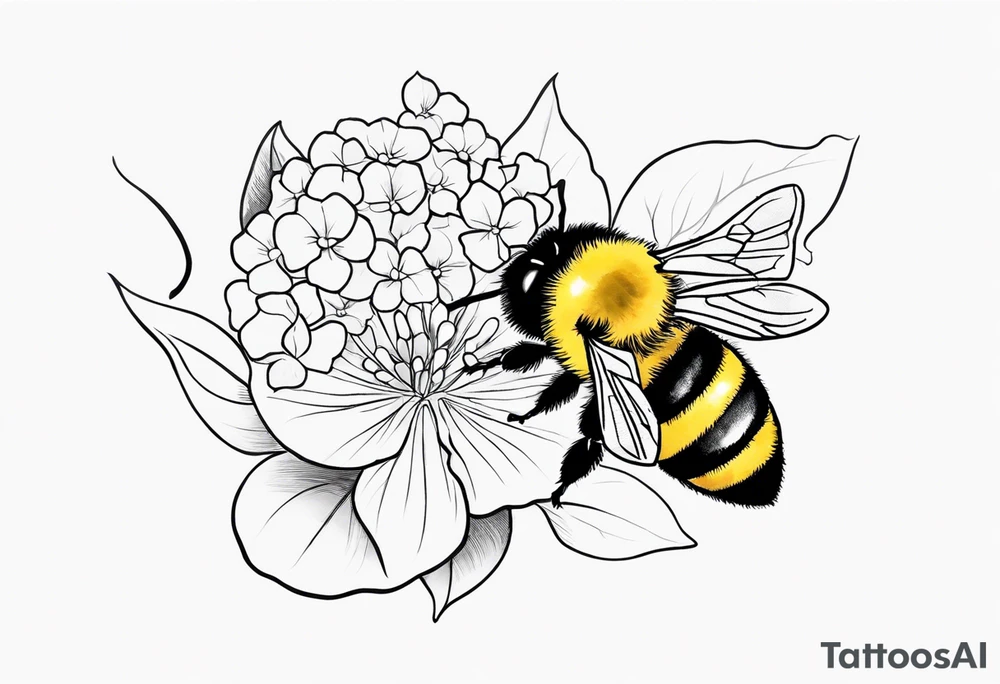 Small tattoo. There’s a hydrangea and a bee but they are not touching. Make the bee smaller than the hydrangea and have the bee off to the side. Bee is smaller than the hydrangea tattoo idea